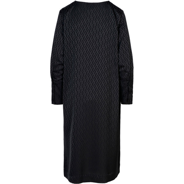 Klassisk sort kjole med mønster den har rund hals og lange ærmer med et langt machet stykke og knapper set bagfra