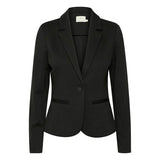 Sort blazer fra kaffe i jersey med en enkelt knap fortil den har dyb revers og lange ærmer set forfra