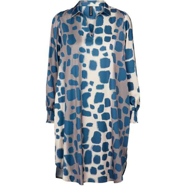 Blå leopard kjole med v udskæring og lange ærmer med smock set forfra