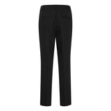 klassiske sorte bukser med presfolder bæltestropper lynlås og hægte set bagfra hvor man kan se paspel lommerne