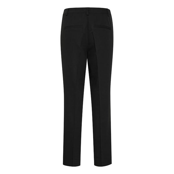 klassiske sorte bukser med presfolder bæltestropper lynlås og hægte  set bagfra hvor man kan se paspel lommerne