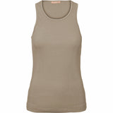 Olivengrøn tank top med rund hals og ærmeløs den har ribkanter set forfra