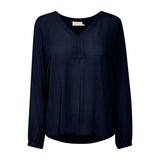 mørkeblå bluse med v hals og lange ærmer set forfra