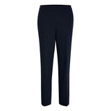 Højtaljede marineblå bukser fra kaffe med presfolder og bæltestoppper set forfra