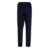 Højtaljede marineblå bukser fra kaffe med presfolder og bæltestoppper set bagfra hvor man også kan se paspel lommerne