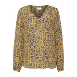 skjorte i et gult mønster fra kaffe med lange ærmer og v-hals