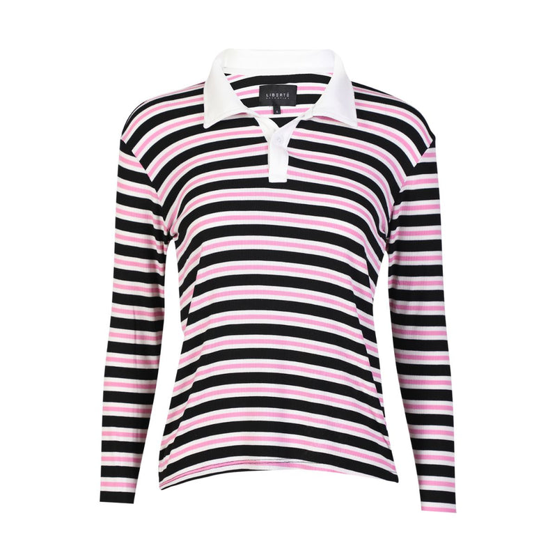 Natalia LS Polo Blouse Black Bubblegum White Stripe