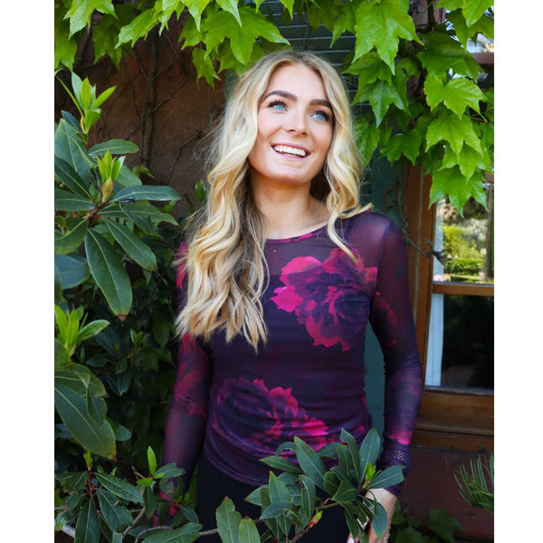 Mesh LS T-Shirt Black Bordeaux Flower