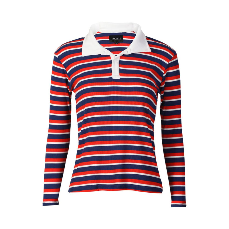 Natalia LS Polo Blouse Navy Red White Stripe