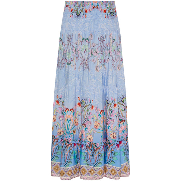 lang viskose nederdel med bred elastik i lyseblå med blomster print