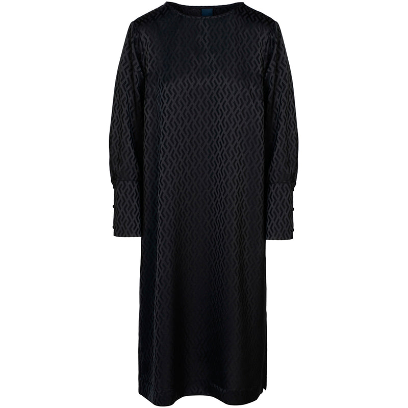 Klassisk sort kjole med mønster den har rund hals og lange ærmer med et langt machet stykke og knapper set forfra