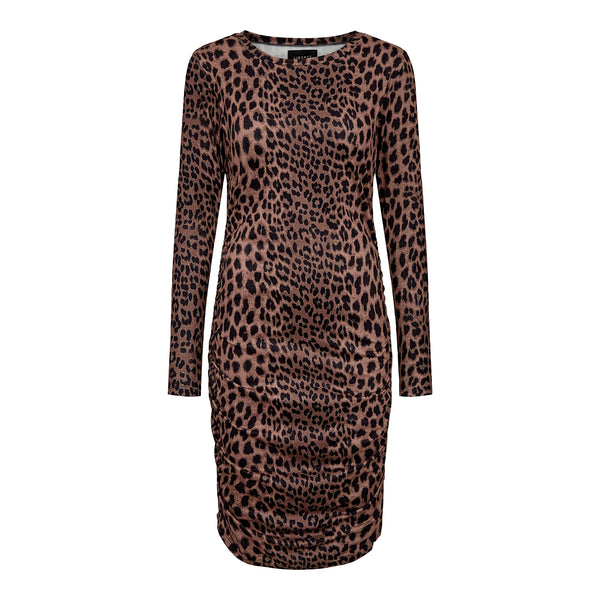 Leopard kjole fra liberte med rund hals og lange ærmer set forfra