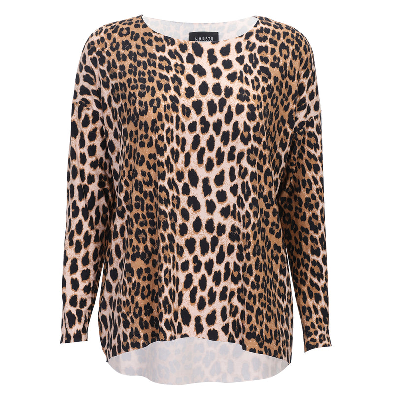 Alma leopard bluse med lange ærmer og rund hals 