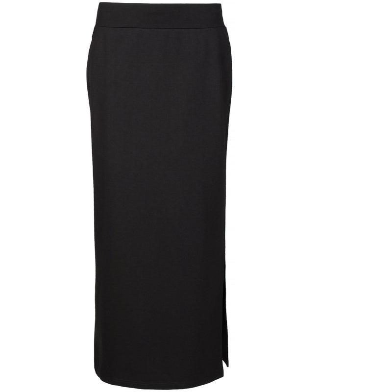 Lang sort nederdel med elastik i taljen og godt med stræk set forfra