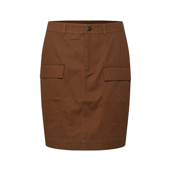 Brun cargo nederdel med udvendige lommer knap og lynlås set forfra