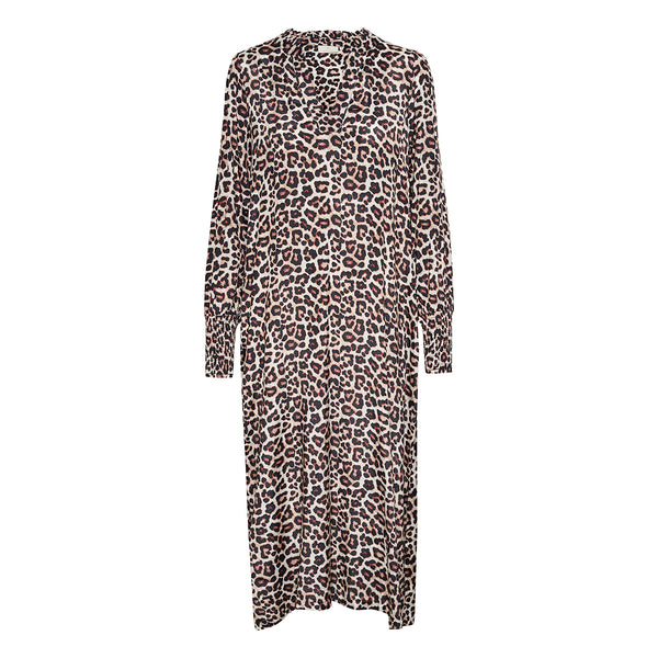 Lang leopard kjole med lange ærmer og v-hals