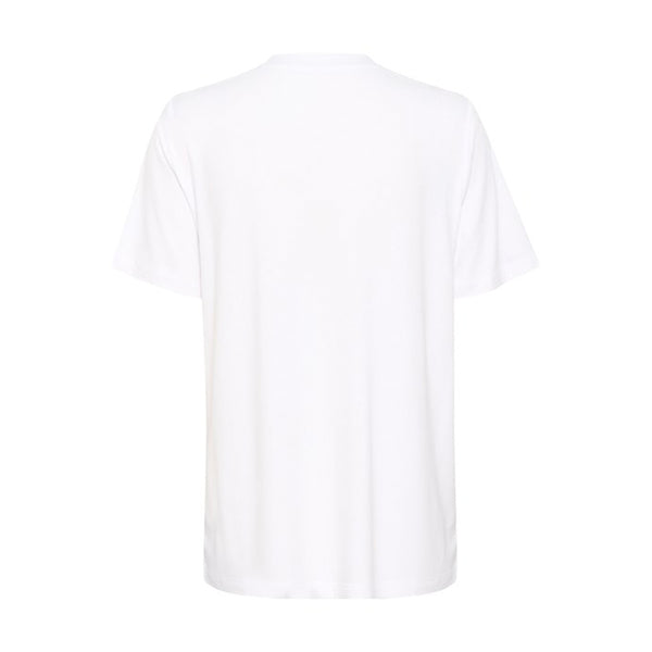Hvid t-shirt med blomsterprint i rosa og orange den har rund hals og korte ærmer set bagfra
