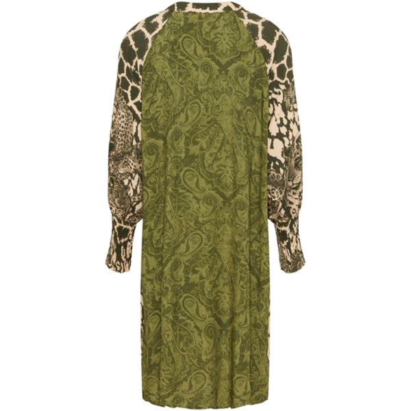 Grøn kjole med leopard med knapper den har grønt leopard print set bagfra