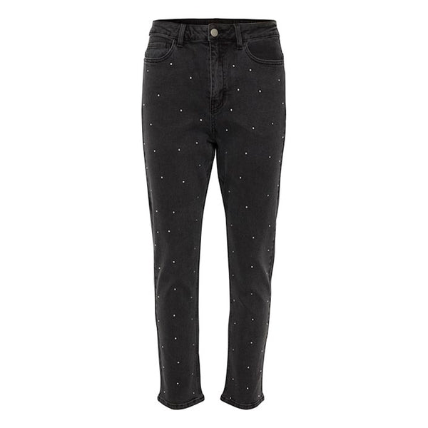 Klassiske sorte jeans med sten de har almindelig knap lynlås og smalle ben set forfra