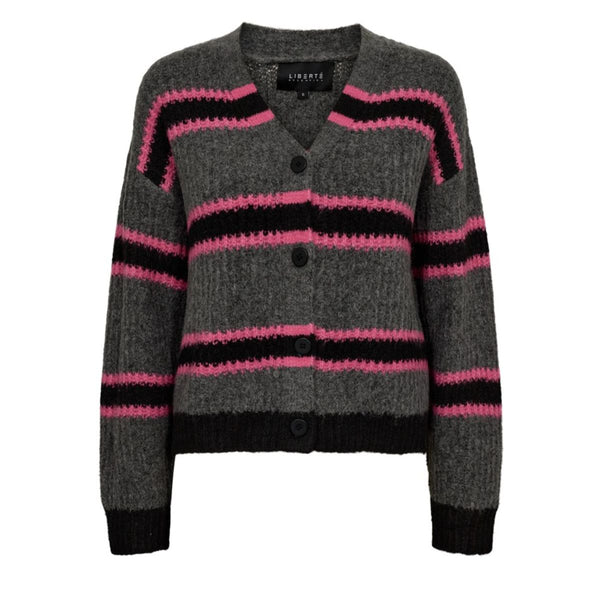 FRO CARGIDAN DARK GREY BLACK PINK STRIPE&nbsp;

Super lækker strik cardigan fra Liberté. Fro cargidan er lavet i et flot farvespil af grå, sort og pink. Den har rund hals med v-udskæring og ribkant, lange ærmer der afsluttes med en ribkant og i bunden af strikken. Strikken har en løs og virkelig blød og behagelig pasform.&nbsp;



Rund hals med v-udskæring, lange ærmer og rib kant&nbsp;
Stribet
Farverne er grå, sort og pink
Løs pasform