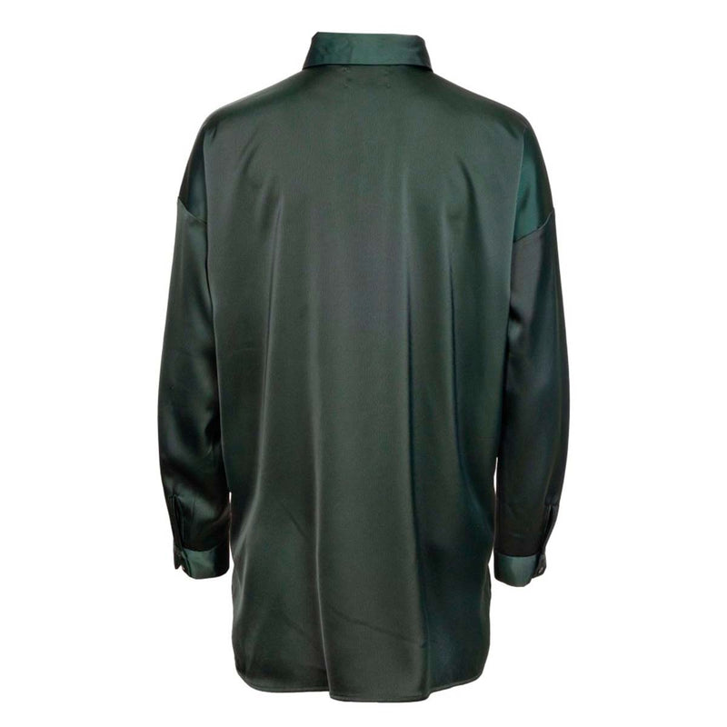 Mørke grøn skjorte i glat kvalitet den er gennemknappet og har lange ærmer med manchet den har almindelig skjortekrave set bagfra
