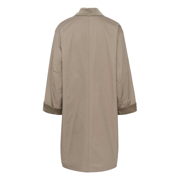 Grå brun jakke med knapper den har skjortekrave i fløjel samt lange ærmer der afsluttes med opsmøg den har en enkelt brystlomme set bagfra