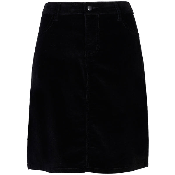 Klassisk sort og kort fløjels nederdel med knap og lynlås samt lommer i siden og bagpå set forfra