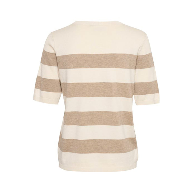 beige og sandfarvet bluse med rund hals og korte ærmer samt ribkanter i top og bund set bagfra