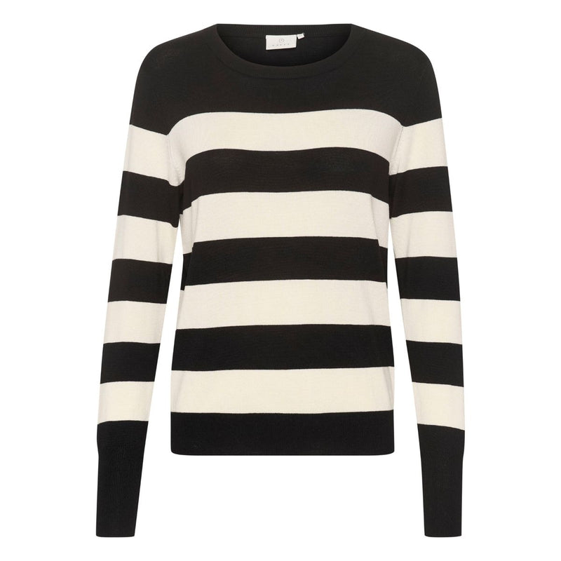 LIZZA STRIPED PULLOVER BLACK/TURTLEDOVE STRIPE  Virkelig skøn og blød stribet bluse fra Kaffe. Lizza striped pullover har rund hals, lange ærmer og ribkanter ved omkring, hals, ved ærme afslutning og i bunden. Den er perfekt til et par jeans eller indenunder et jakkesæt.   Rund hals, lange ærmer og ribkanter Farverne er sort og hvid Fås i flere farver Almindelig pasform