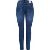 Mørkeblå jeans med simili sten og knapper fortil de har lommer for og bag set bagfra