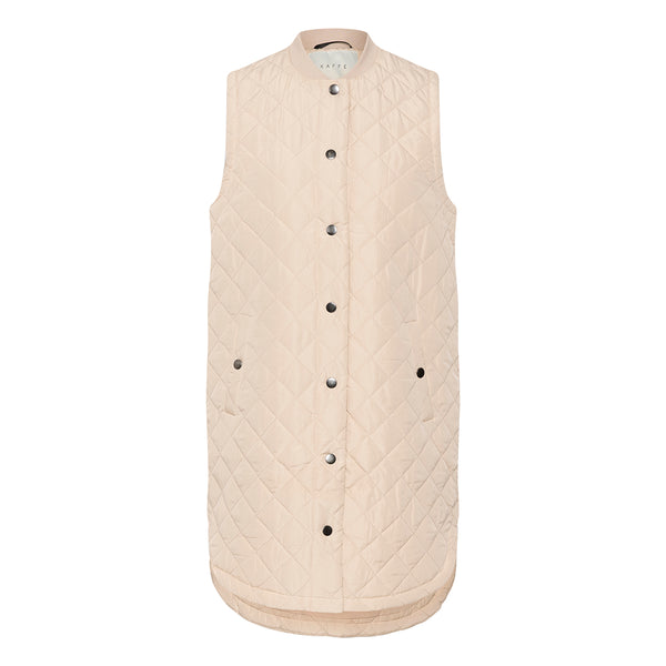 Lang quilted vest i beige med knapper