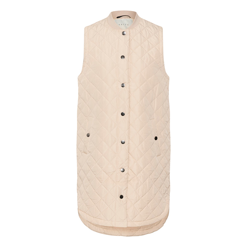 Lang quilted vest i beige med knapper