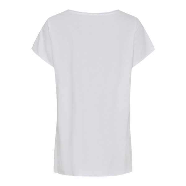 hvid t-shirt med rund hals og print på maven af cykel og kvinde