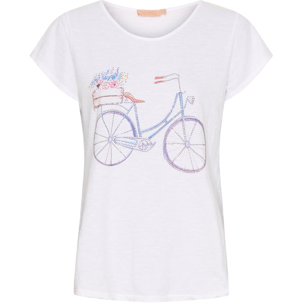 hvid t-shirt med cykel motiv rund hals og korte ærmer farver er lyserød blå og lilla set forfra 