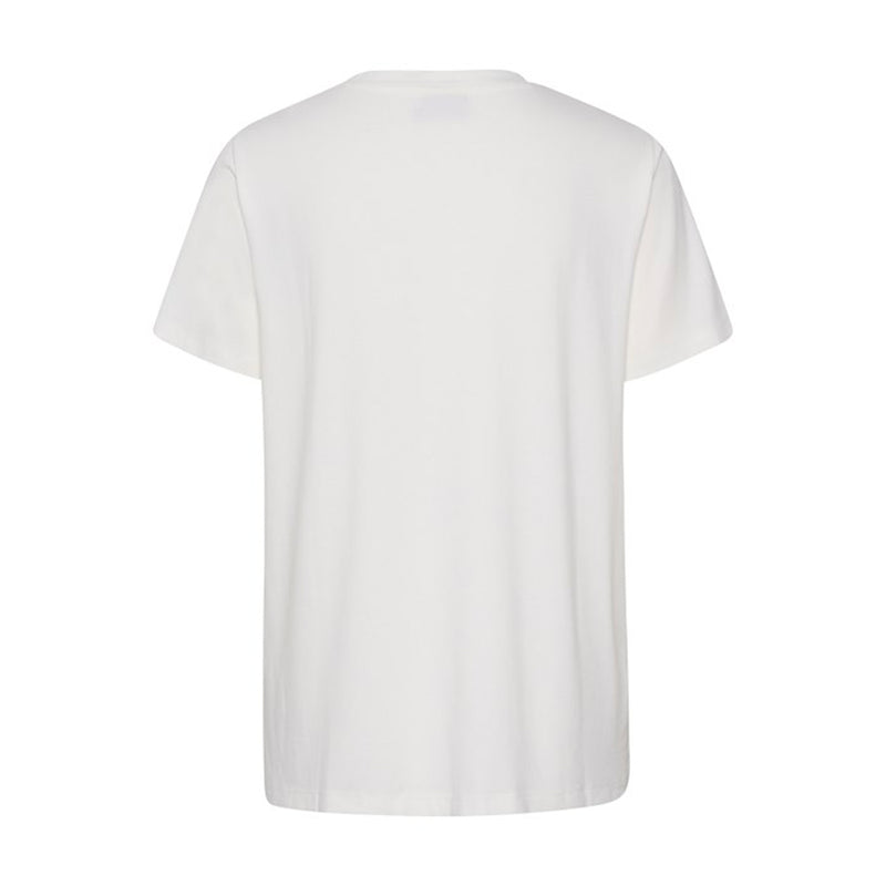 Klassisk hvid t-shirt med print fra kaffe den har rund hals printet er mørkeblomster set bagfra