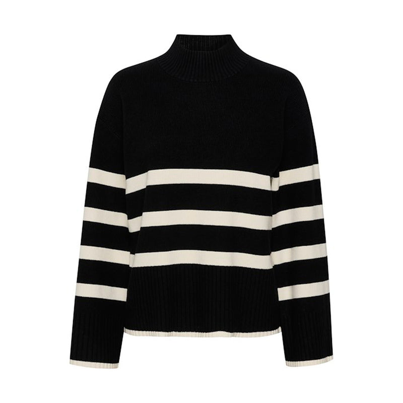 Sort pullover fra kaffe med råhvide striber den har turtleneck lange ærmer og ribkanter set forfra