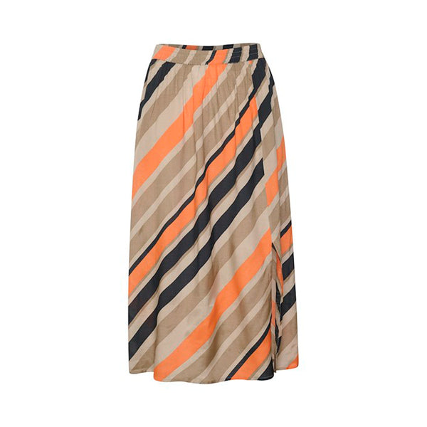 Lang nederdel med striber i orange sand beige og sort den har elastik i taljen lommer og slids i siden set forfra