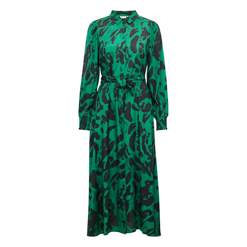 Lang grøn og gennemknappet kjole med bindebånd og lange ærmer som afslutte med smock den har almindelig skjortekrave set forfra