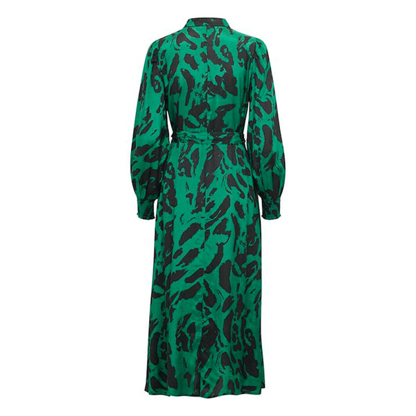 Lang grøn og gennemknappet kjole med bindebånd og lange ærmer som afslutte med smock den har almindelig skjortekrave set bagfra