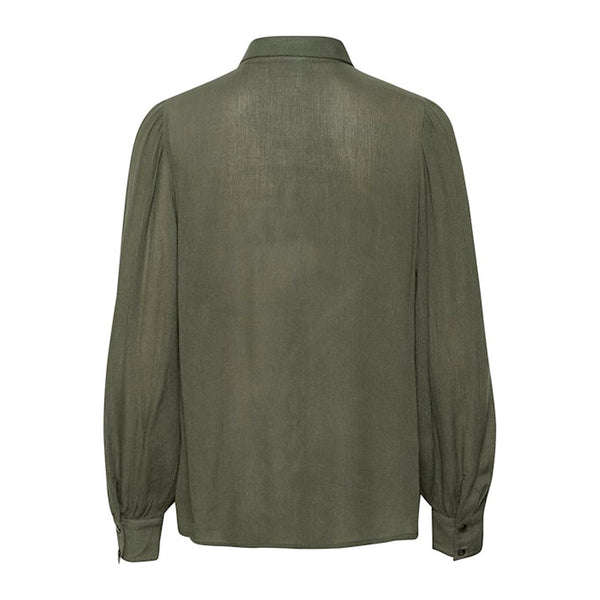 Grøn gennemknappet skjorte med skjortekrave og lange ærmer med fast manchet set bagfra