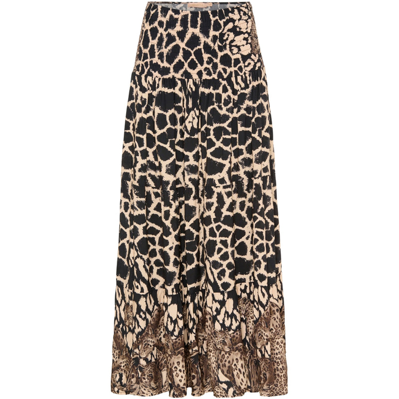 Lang maxi nederdel med dyreprint og leoparder i bunden den har elastik og smock i taljen set forfra