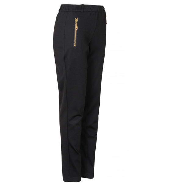 Klassiske sorte bukser med elastik i livet bæltestropper og guldlynlås set forfra