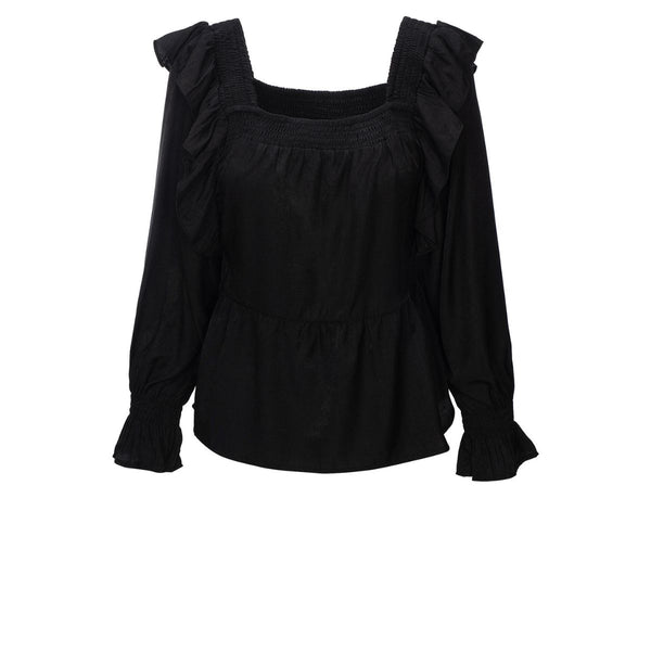 RUFSANA BLOUSE BLACK

Super fin bluse fra One two luxzuz, med firkantet hals for og bag med smock kant. Flot med flæse ved skulderen. Lange ærmer der afsluttes med en smal elastik og flæse.

Smock
Flæser
Rynket&nbsp;
Overskæring&nbsp;
Elastik

Størrelsesguide: Blusen&nbsp;er normal til rummelig i størrelsen. Hvis du veksler i mellem to størrelser, anbefaler vi at du vælger den mindste.&nbsp;