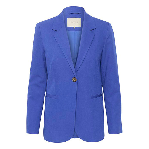 Blå lilla blazer med længde den har en enkelt naturknap fortil set forfra
