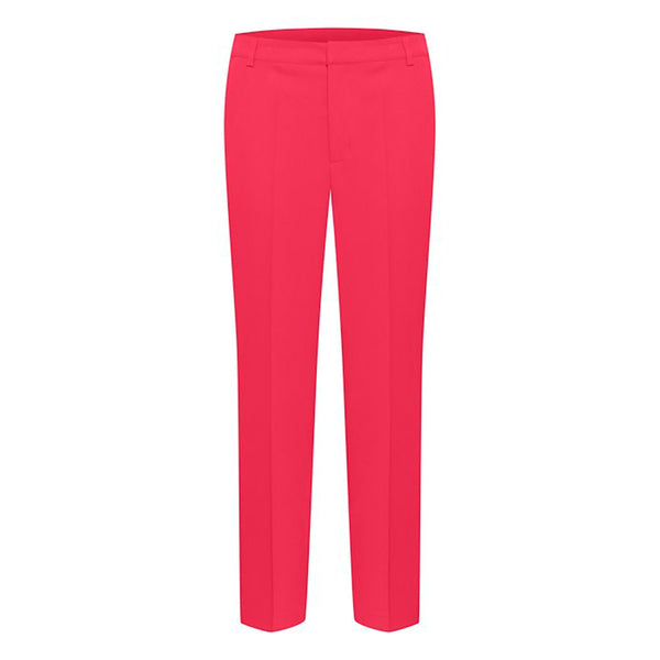Pink bukser med presfolder fast linning hægte og lynlås set forfra