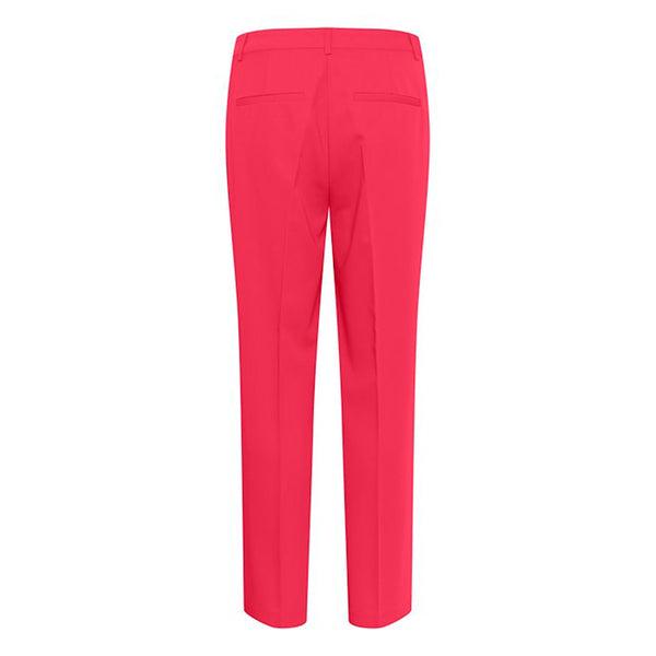 Pink bukser med presfolder fast linning hægte og lynlås set bagfra hvor man kan se lommerne