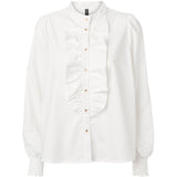 Hvid skjorte bluse fra prepair den er gennemknappet med guldknapper har flæser fortil og lange ærmer med smock set forfra