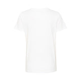 Hvid t shirt med print med lilla bundfarve og tekst med hvid skrift den har rund hals og korte ærmer set bagfra
