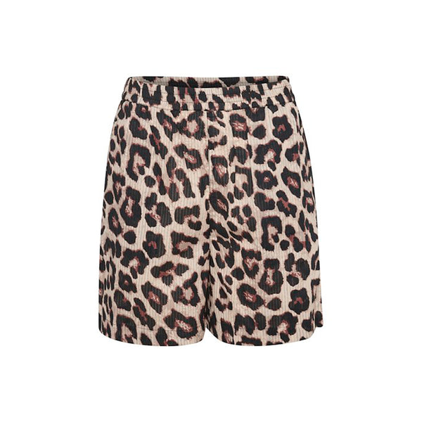 shorts med leopard print i brunlige nuancer og med elastik i livet set forfra