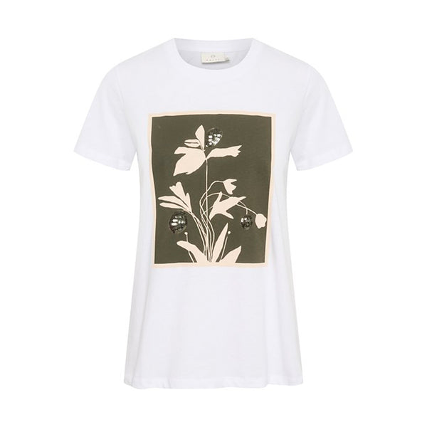 Klassisk hvid t-shirt med rund hals og korte ærmer den har et grønt og beige blomster print set forfra